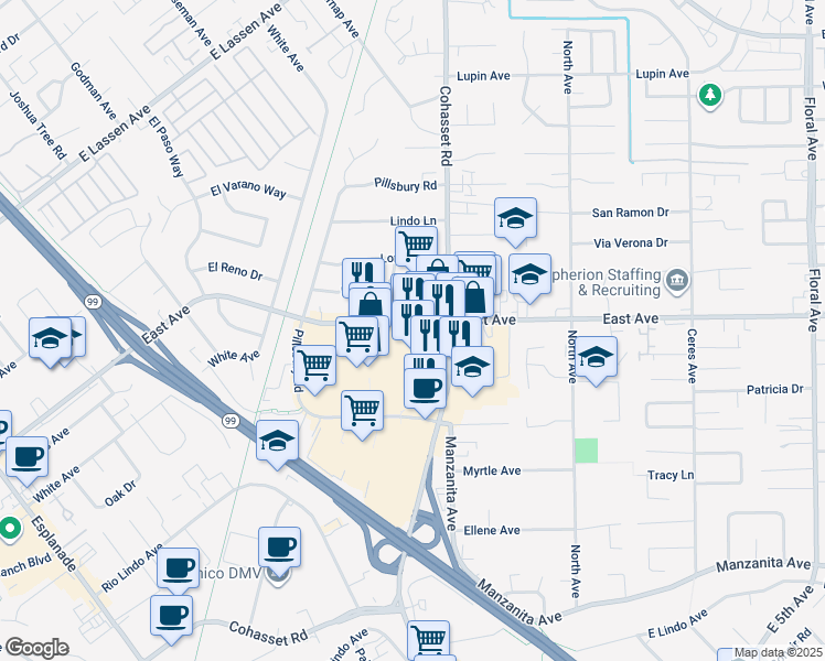 map of restaurants, bars, coffee shops, grocery stores, and more near 851 East Avenue in Chico