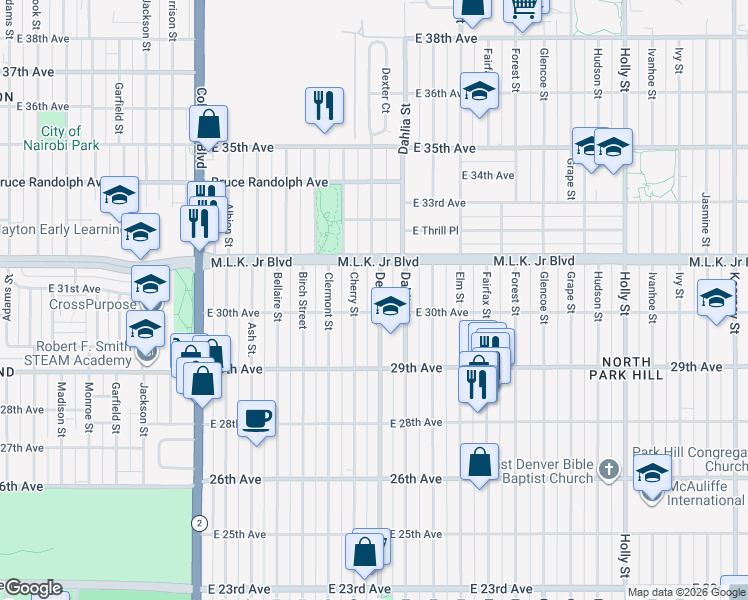 map of restaurants, bars, coffee shops, grocery stores, and more near 3010 Dexter Street in Denver