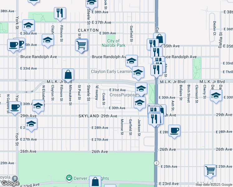 map of restaurants, bars, coffee shops, grocery stores, and more near 3540 East 31st Avenue in Denver