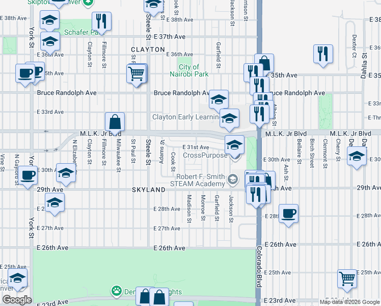 map of restaurants, bars, coffee shops, grocery stores, and more near 3540 East 31st Avenue in Denver