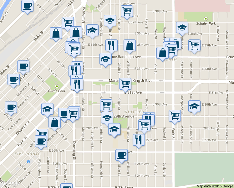 map of restaurants, bars, coffee shops, grocery stores, and more near 3058 Gilpin Street in Denver