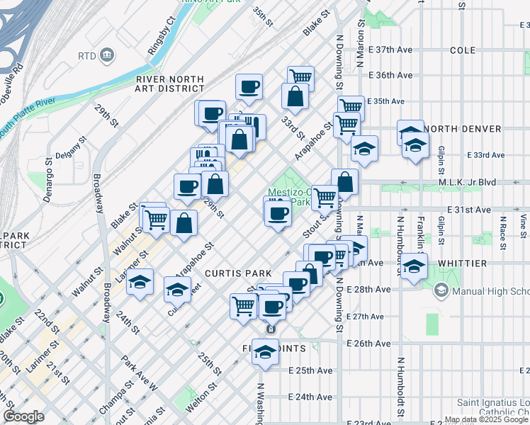 map of restaurants, bars, coffee shops, grocery stores, and more near 3011 Curtis Street in Denver