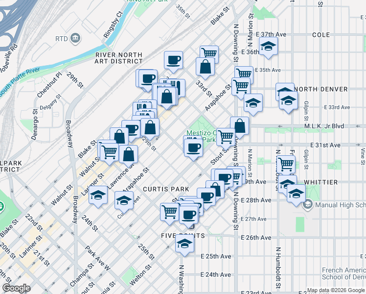 map of restaurants, bars, coffee shops, grocery stores, and more near 3011 Curtis Street in Denver