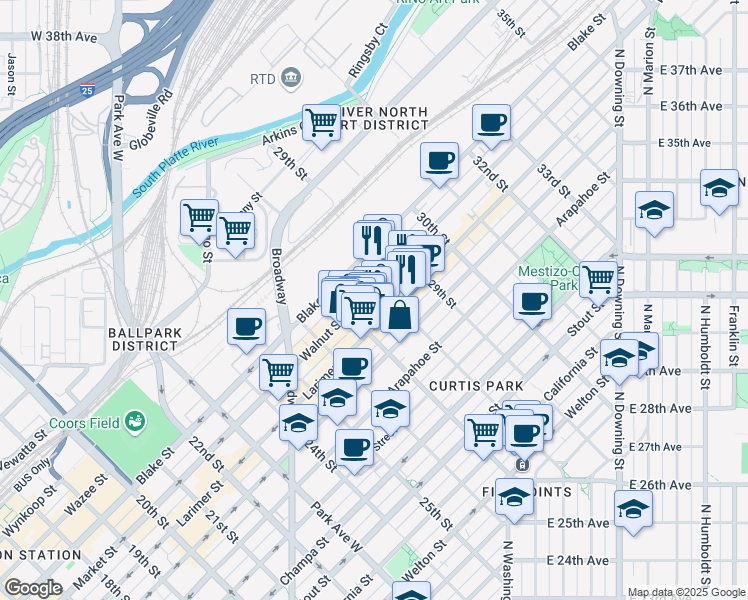 map of restaurants, bars, coffee shops, grocery stores, and more near 2751 Larimer Street in Denver