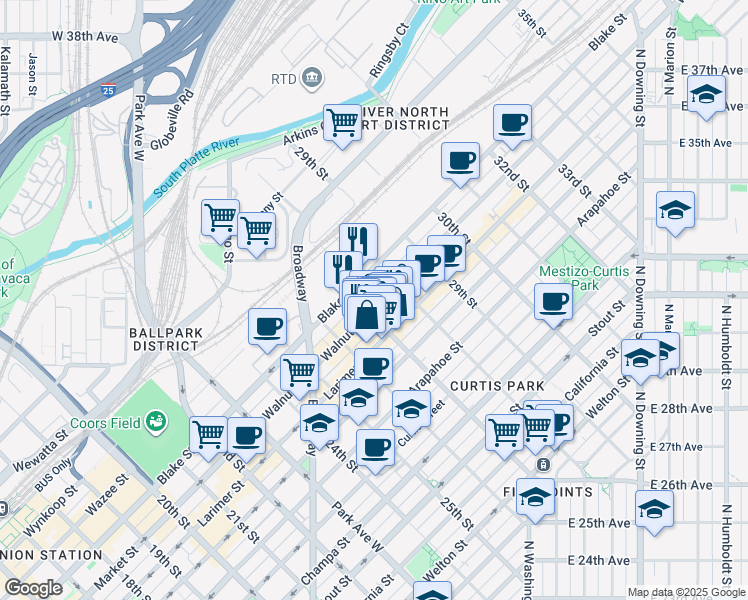 map of restaurants, bars, coffee shops, grocery stores, and more near 2749 Walnut Street in Denver