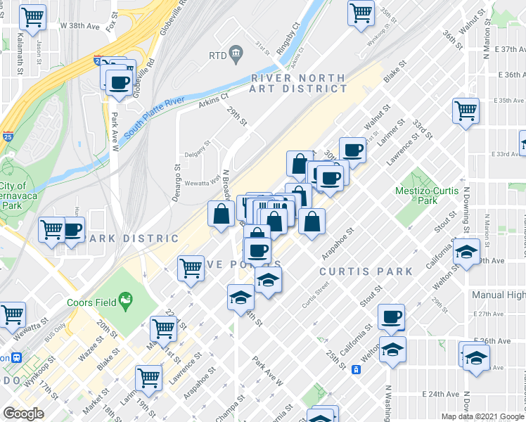 map of restaurants, bars, coffee shops, grocery stores, and more near 10 Blake Street in Denver