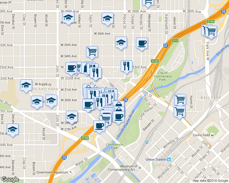 map of restaurants, bars, coffee shops, grocery stores, and more near 2520 18th Street in Denver