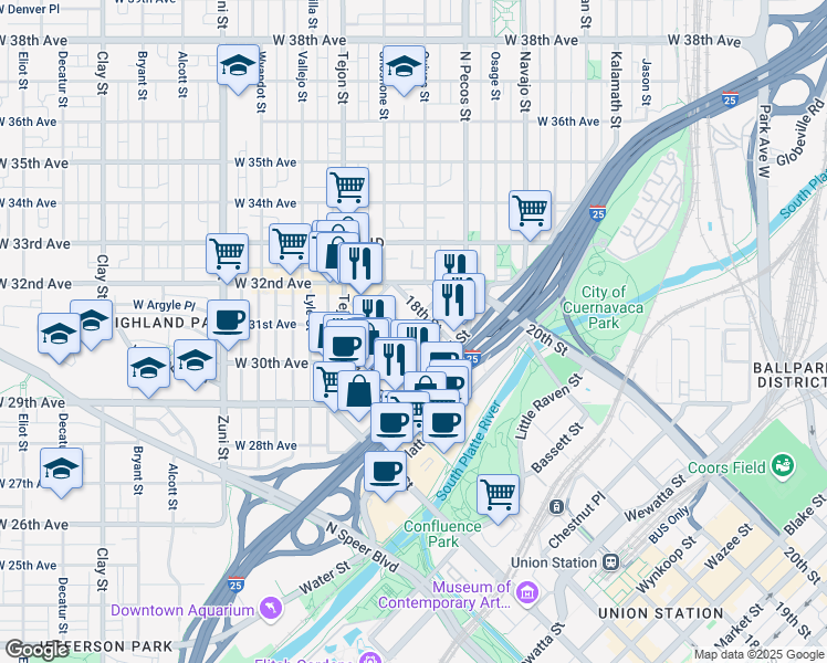 map of restaurants, bars, coffee shops, grocery stores, and more near 1717 Boulder Street in Denver