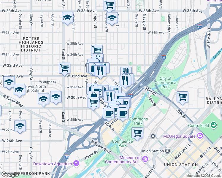 map of restaurants, bars, coffee shops, grocery stores, and more near 1717 Boulder Street in Denver