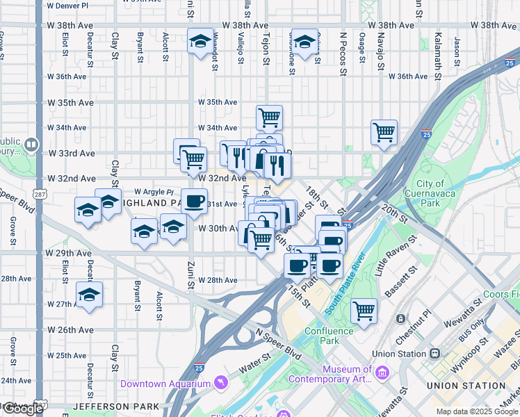 map of restaurants, bars, coffee shops, grocery stores, and more near 2102 West 31st Avenue in Denver