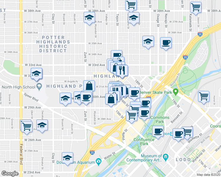 map of restaurants, bars, coffee shops, grocery stores, and more near 2102 West 31st Avenue in Denver
