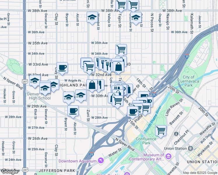 map of restaurants, bars, coffee shops, grocery stores, and more near 3039 Vallejo Street in Denver