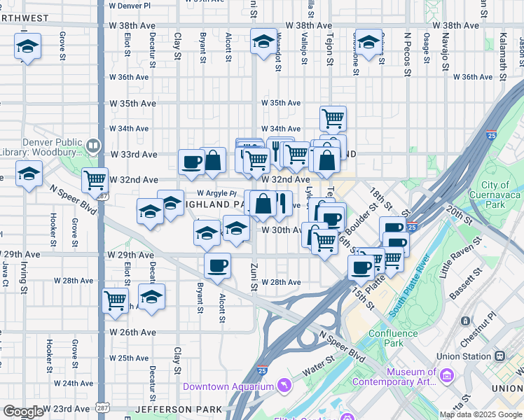 map of restaurants, bars, coffee shops, grocery stores, and more near 2320 West 31st Avenue in Denver