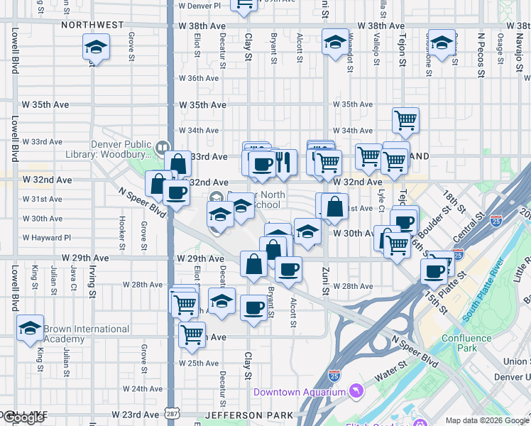 map of restaurants, bars, coffee shops, grocery stores, and more near 2555 West Dunkeld Place in Denver