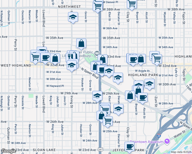 map of restaurants, bars, coffee shops, grocery stores, and more near 3010 Speer Boulevard in Denver