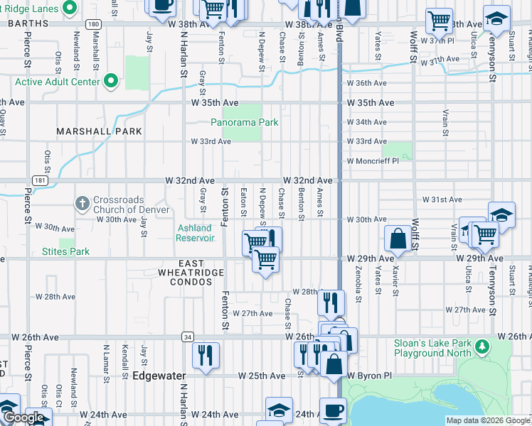 map of restaurants, bars, coffee shops, grocery stores, and more near 3019 Chase Street in Wheat Ridge