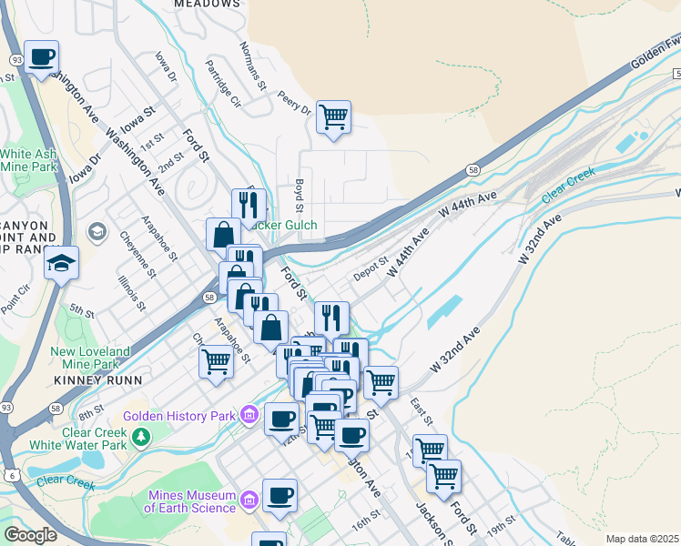 map of restaurants, bars, coffee shops, grocery stores, and more near 410 9th Street in Golden