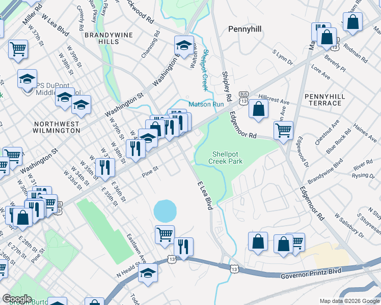 map of restaurants, bars, coffee shops, grocery stores, and more near 4352 Pine Street in Wilmington