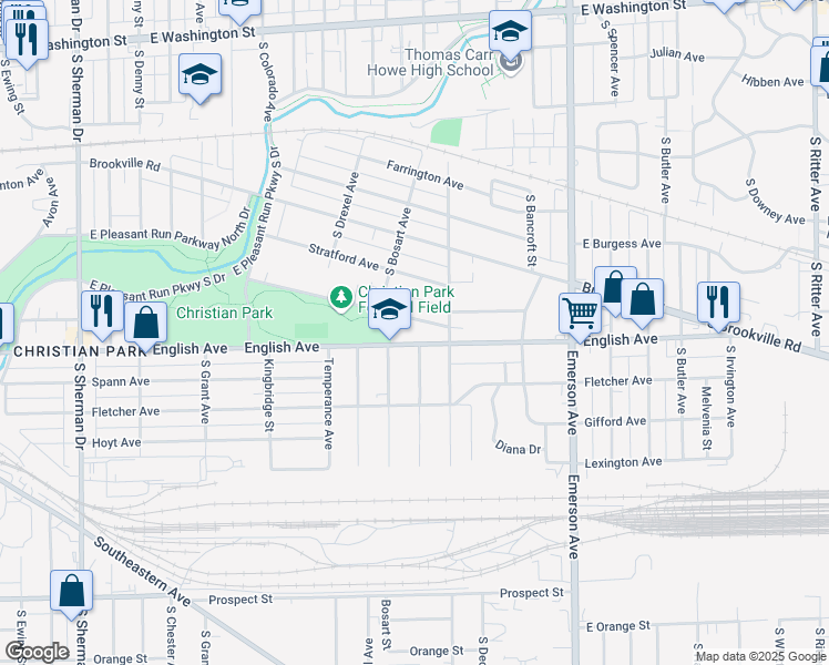map of restaurants, bars, coffee shops, grocery stores, and more near 4700 English Avenue in Indianapolis
