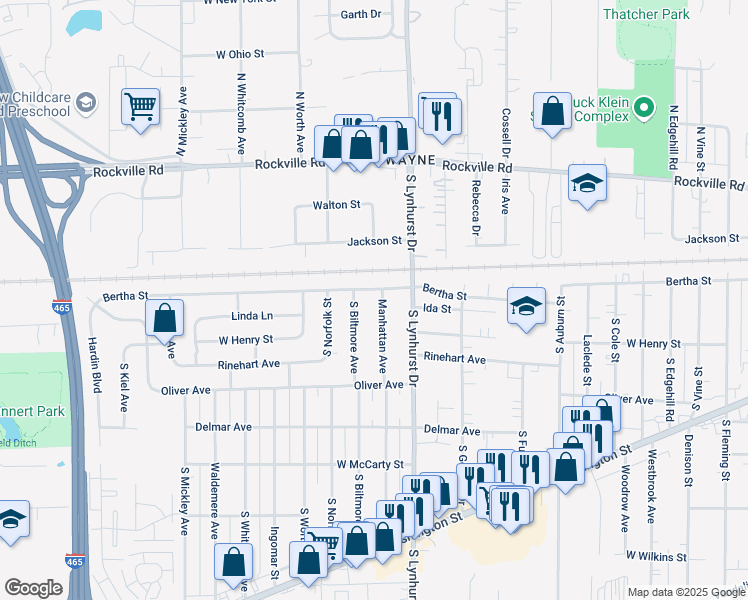 map of restaurants, bars, coffee shops, grocery stores, and more near 315 Manhattan Avenue in Indianapolis