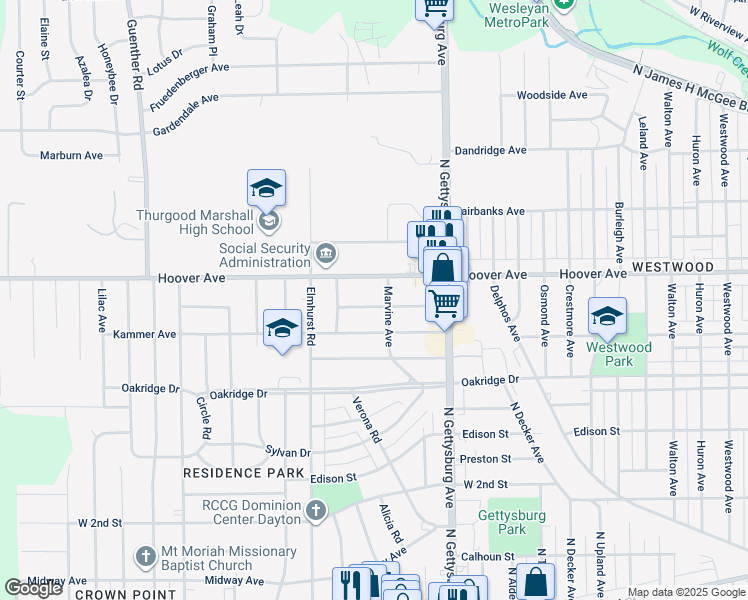 map of restaurants, bars, coffee shops, grocery stores, and more near 4115 Vina Villa Avenue in Dayton