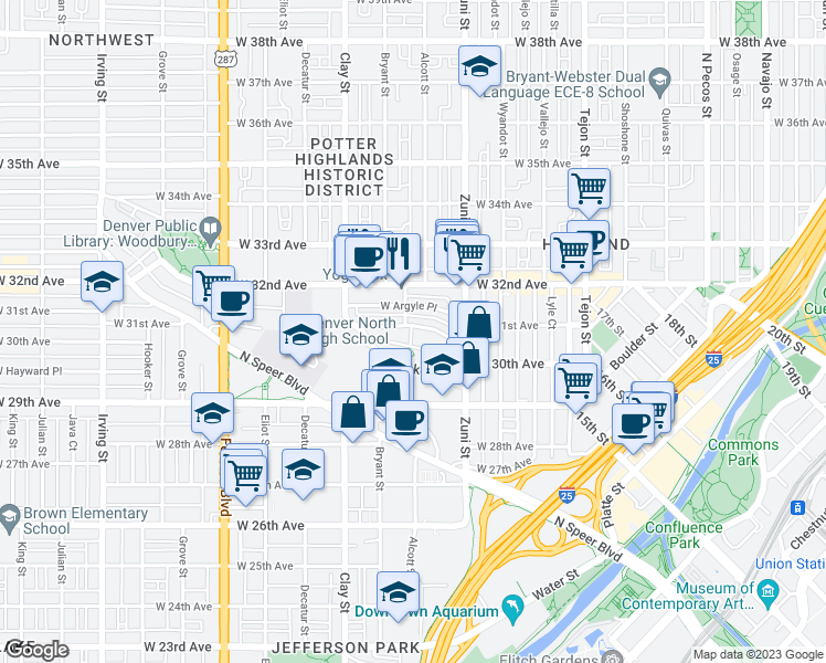 map of restaurants, bars, coffee shops, grocery stores, and more near 5 Fife Court in Denver