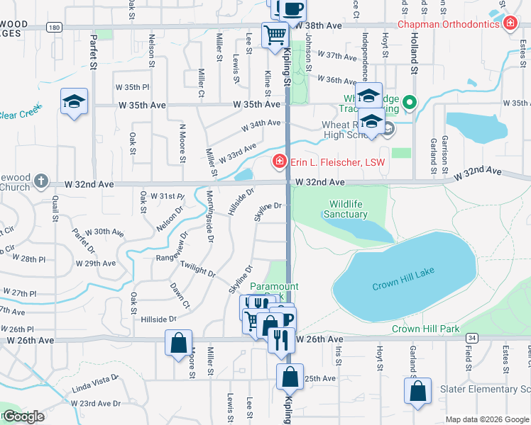 map of restaurants, bars, coffee shops, grocery stores, and more near 40 Skyline Drive in Wheat Ridge