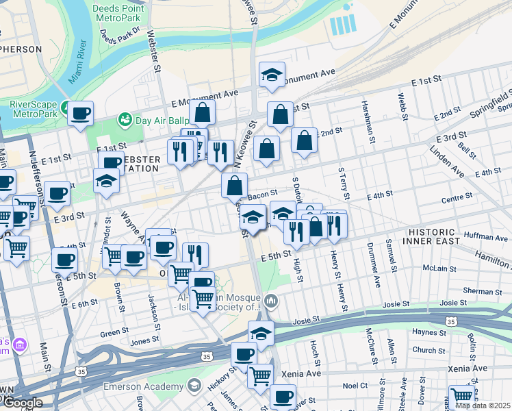map of restaurants, bars, coffee shops, grocery stores, and more near 100 South Keowee Street in Dayton