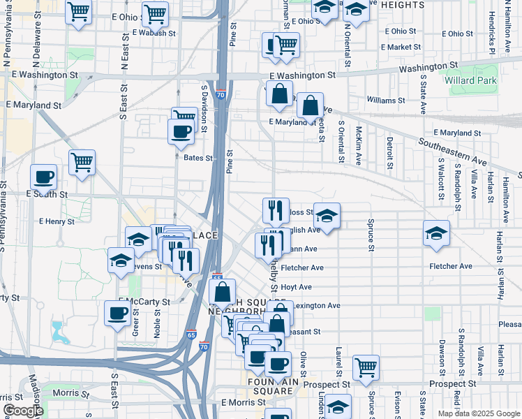 map of restaurants, bars, coffee shops, grocery stores, and more near 1018 Calvary Street in Indianapolis