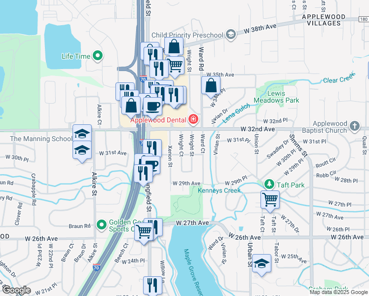 map of restaurants, bars, coffee shops, grocery stores, and more near 3130 Wright Court in Wheat Ridge