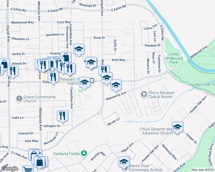 map of restaurants, bars, coffee shops, grocery stores, and more near 2446 Marigold Avenue in Chico