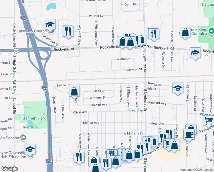 map of restaurants, bars, coffee shops, grocery stores, and more near 5529 Bertha Street in Indianapolis