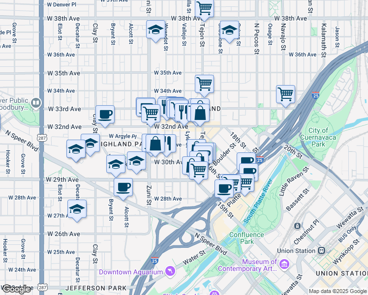 map of restaurants, bars, coffee shops, grocery stores, and more near 3054 Vallejo Street in Denver