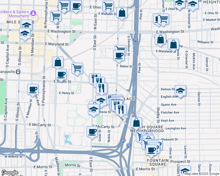map of restaurants, bars, coffee shops, grocery stores, and more near in Indianapolis