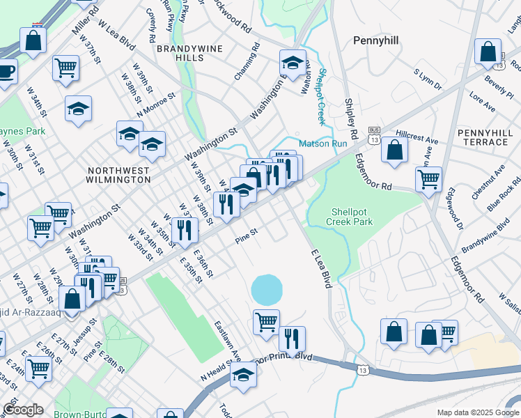 map of restaurants, bars, coffee shops, grocery stores, and more near 4104 North Market Street in Wilmington