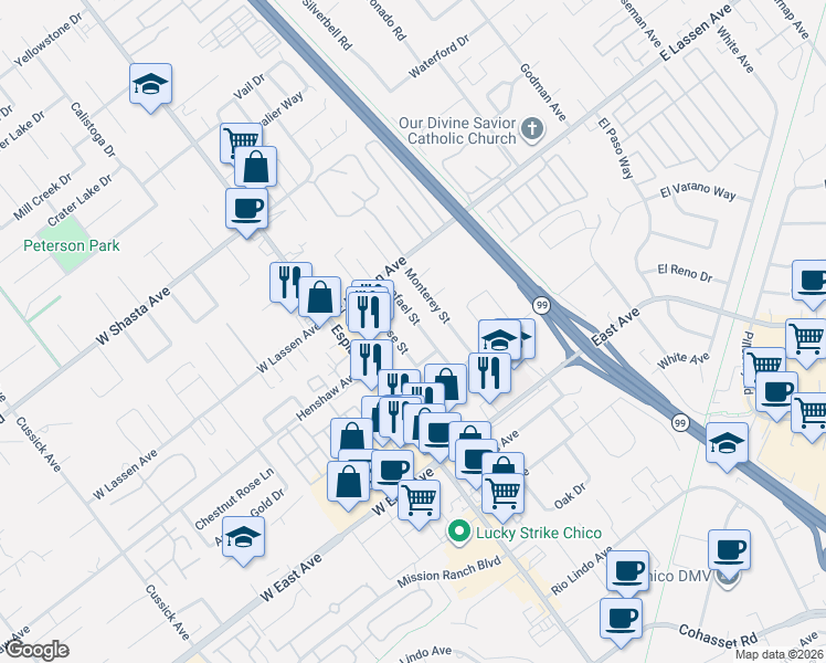 map of restaurants, bars, coffee shops, grocery stores, and more near 2662 San Jose Street in Chico