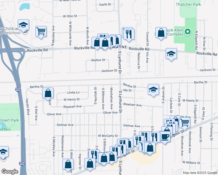 map of restaurants, bars, coffee shops, grocery stores, and more near 315 Manhattan Avenue in Indianapolis