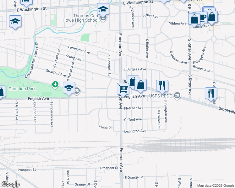map of restaurants, bars, coffee shops, grocery stores, and more near 456 South Emerson Avenue in Indianapolis