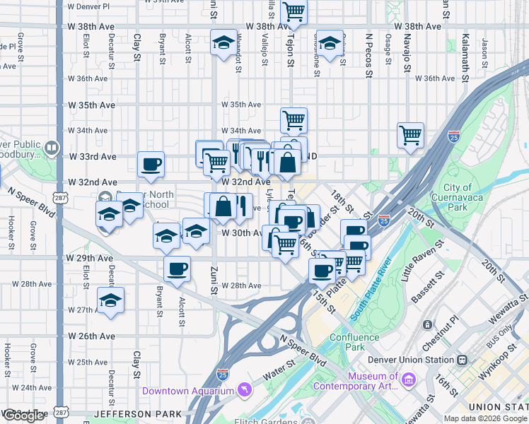 map of restaurants, bars, coffee shops, grocery stores, and more near 3054 Vallejo Street in Denver