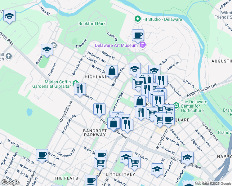 map of restaurants, bars, coffee shops, grocery stores, and more near 1605 N Bancroft Pkwy in Wilmington
