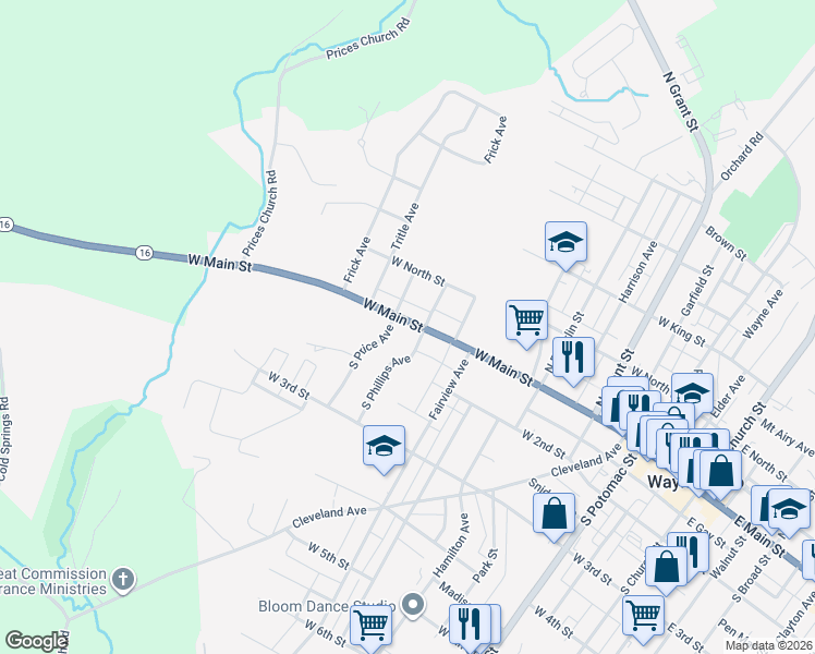 map of restaurants, bars, coffee shops, grocery stores, and more near 506 West Main Street in Waynesboro