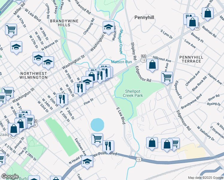 map of restaurants, bars, coffee shops, grocery stores, and more near 4304 North Pine Street in Wilmington
