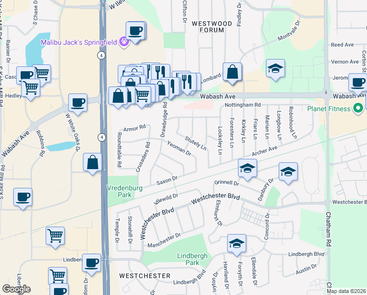 map of restaurants, bars, coffee shops, grocery stores, and more near 252-298 Yeoman Dr in Springfield