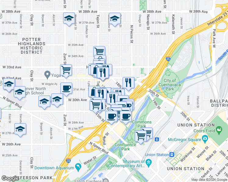 map of restaurants, bars, coffee shops, grocery stores, and more near 1721 Boulder Street in Denver