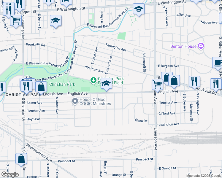 map of restaurants, bars, coffee shops, grocery stores, and more near 4700 English Avenue in Indianapolis