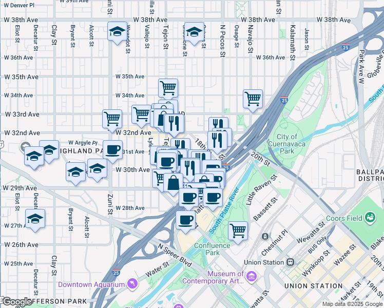 map of restaurants, bars, coffee shops, grocery stores, and more near 1719 Boulder Street in Denver