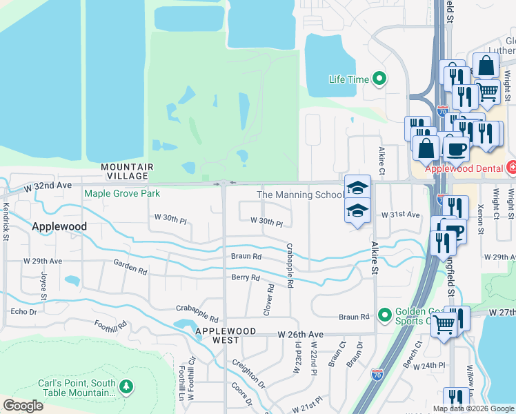 map of restaurants, bars, coffee shops, grocery stores, and more near 3095 Crabapple Road in Golden