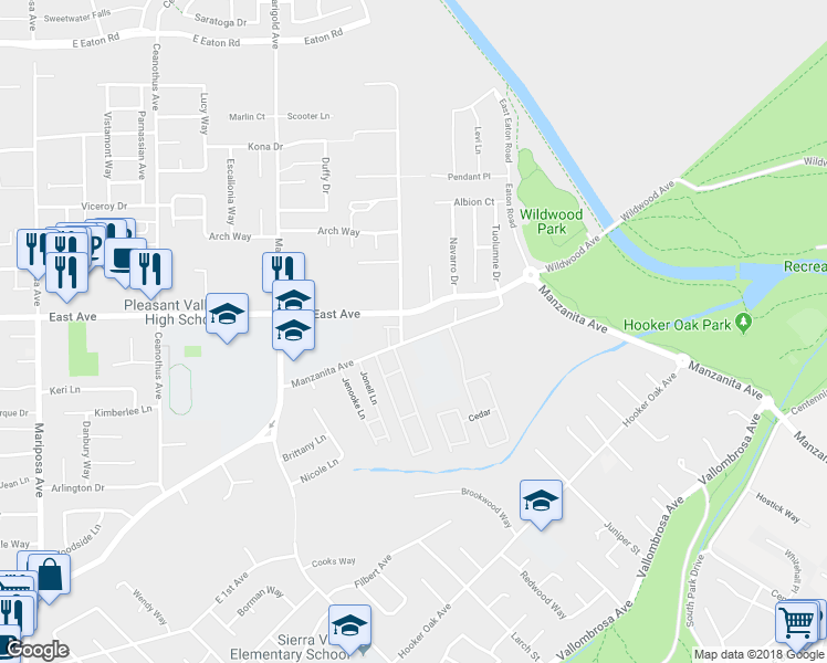 map of restaurants, bars, coffee shops, grocery stores, and more near 1614 Manzanita Avenue in Chico