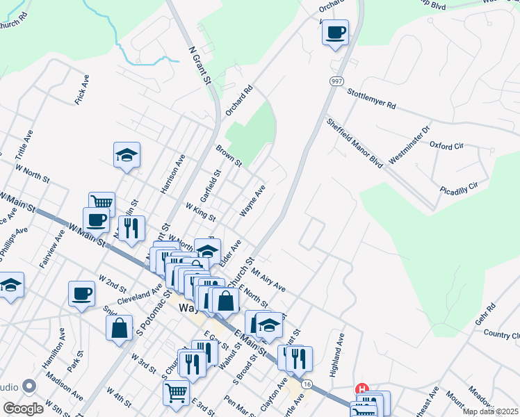map of restaurants, bars, coffee shops, grocery stores, and more near 212 Crown Court in Waynesboro