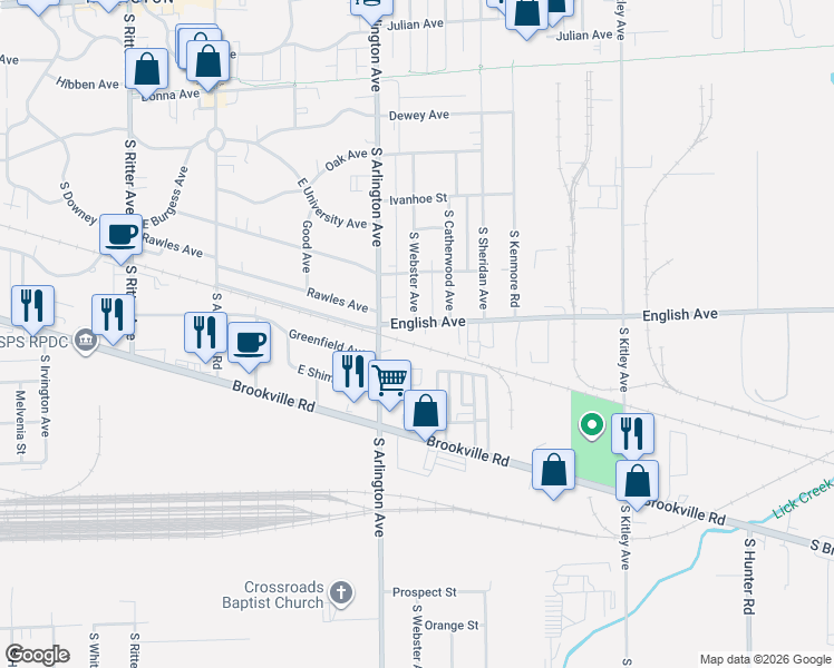 map of restaurants, bars, coffee shops, grocery stores, and more near 6027 English Avenue in Indianapolis